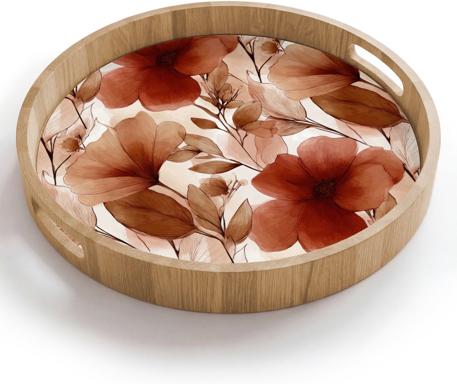 Dienblad rond 40x40 cm - Schootdienblad hout - Bloemen - Aquarel - Botanisch - Terracotta - Borrelplank rechthoek - Plateau houten dienbladen