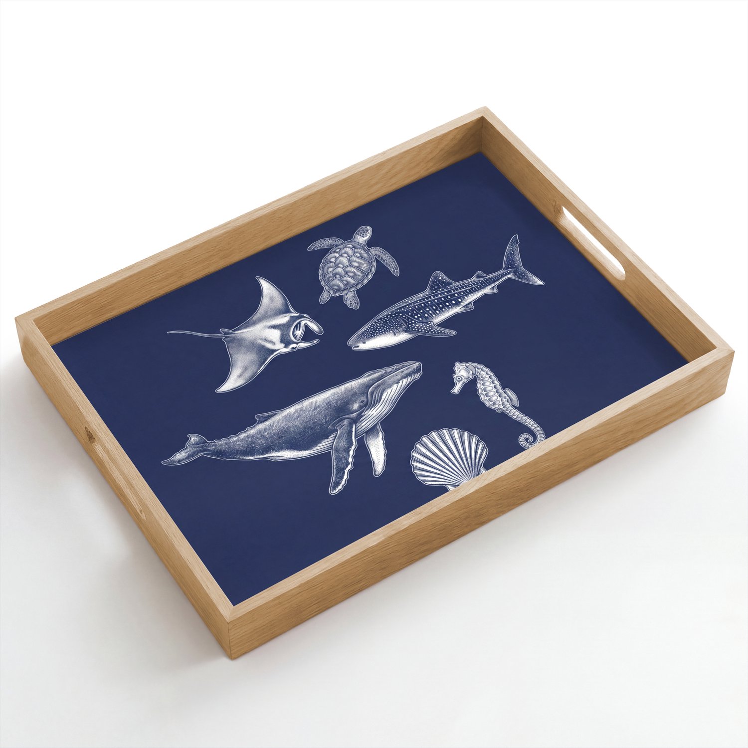 Dienblad hout 50x35 cm - Schootdienblad - Dieren - Zeeleven - Oceaan - Graveren - Blauw - Borrelplank rechthoek - Plateau dienbladen