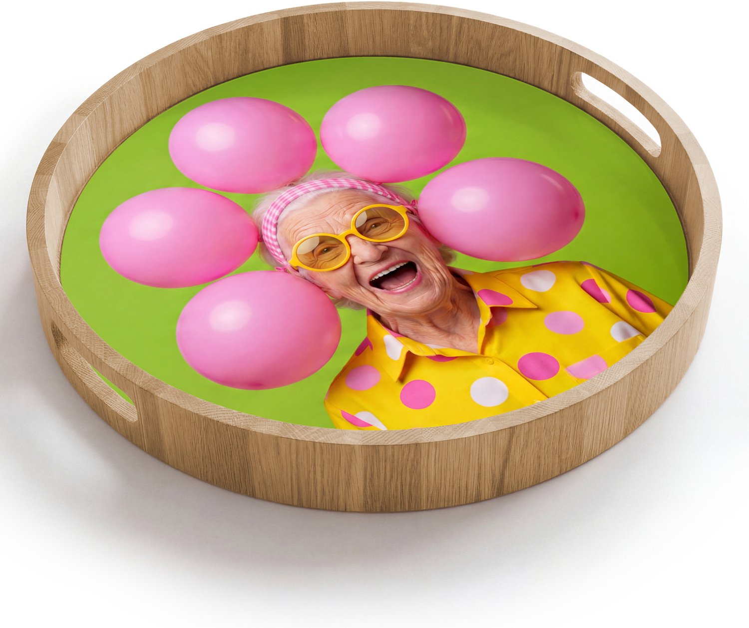 Dienblad rond 40x40 cm - Schootdienblad hout - Mens - Ballonnen - Feest - Kleurrijk - Roze - Borrelplank rechthoek - Plateau houten dienbladen