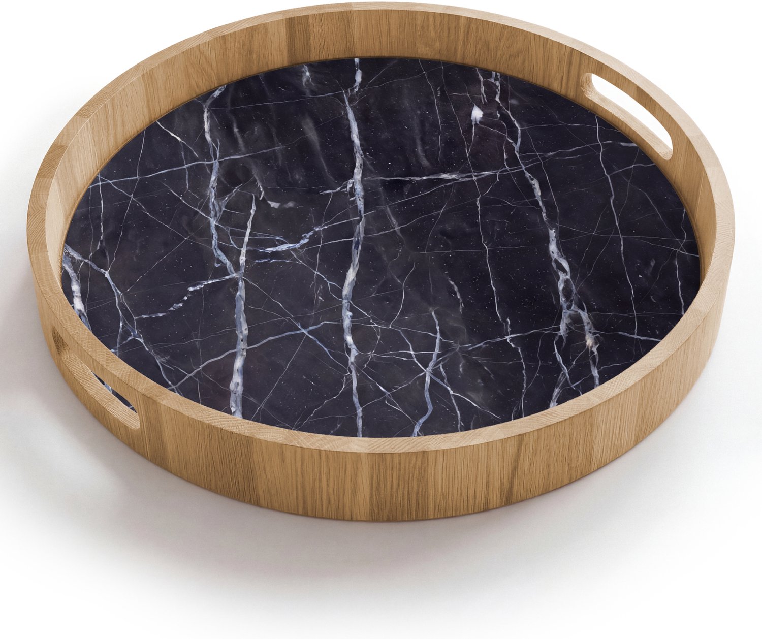 Dienblad rond 40x40 cm - Schootdienblad hout - Marmer - Patroon - Modern - Zwart - Wit - Borrelplank rechthoek - Plateau houten dienbladen