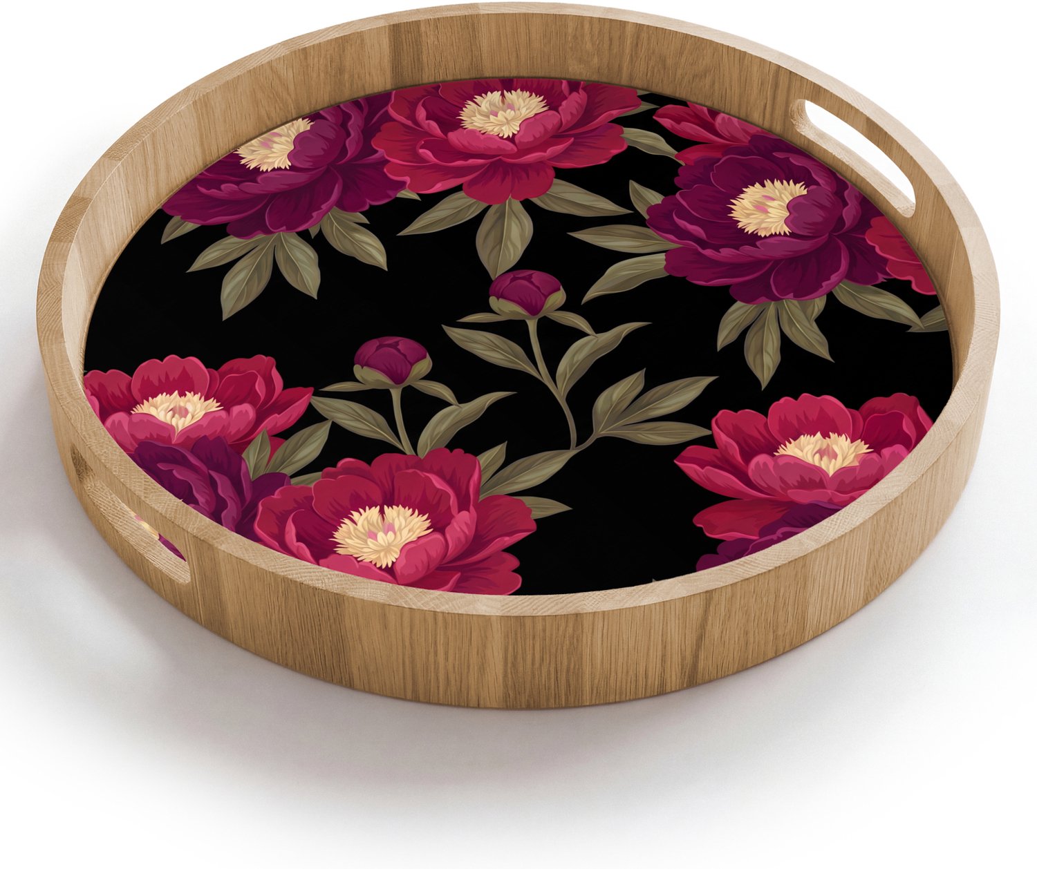 Dienblad rond 40x40 cm - Schootdienblad hout - Bloemen - Patroon - Botanisch - Rood - Zwart - Borrelplank rechthoek - Plateau houten dienbladen