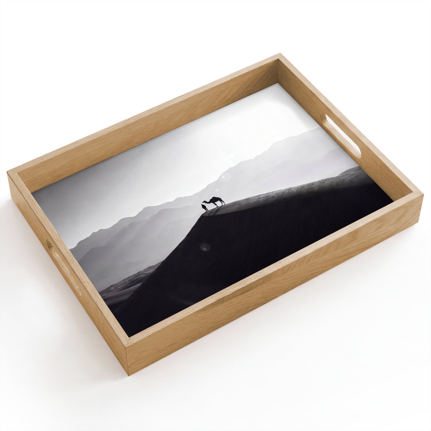 Dienblad hout 40x30 cm - Schootdienblad - Mens - Kameel - Zandduin - Natuur - Monochroom - Borrelplank rechthoek - Plateau dienbladen