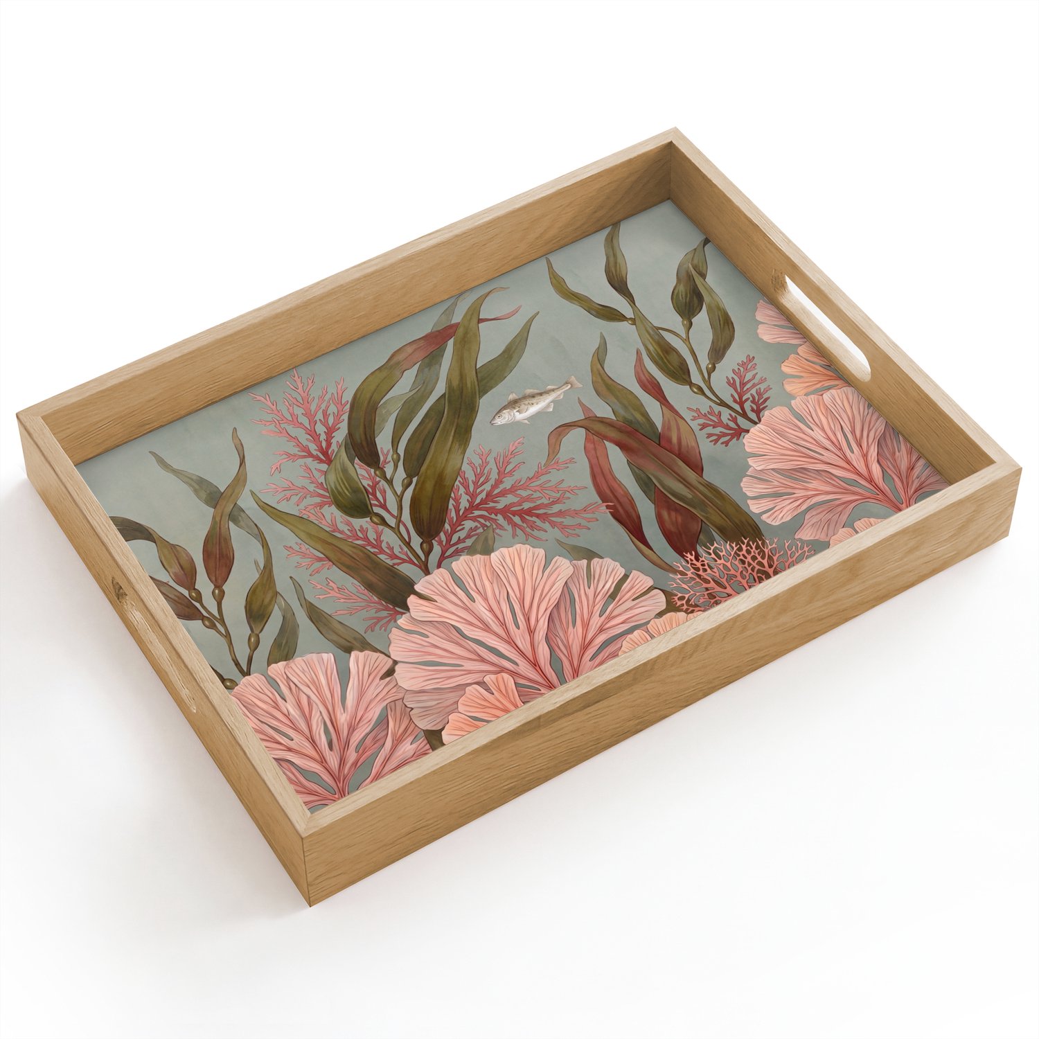 Dienblad hout 40x30 cm - Schootdienblad - Onderwater - Planten - Vis - Vintage - Groen - Borrelplank rechthoek - Plateau dienbladen