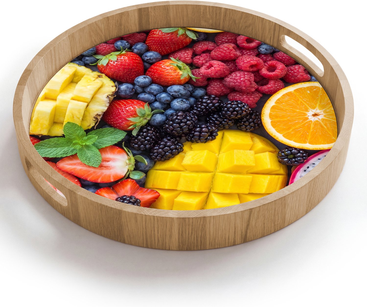Dienblad rond 40x40 cm - Schootdienblad hout - Fruit - Vers - Kleurrijk - Eten - Borrelplank rechthoek - Plateau houten dienbladen
