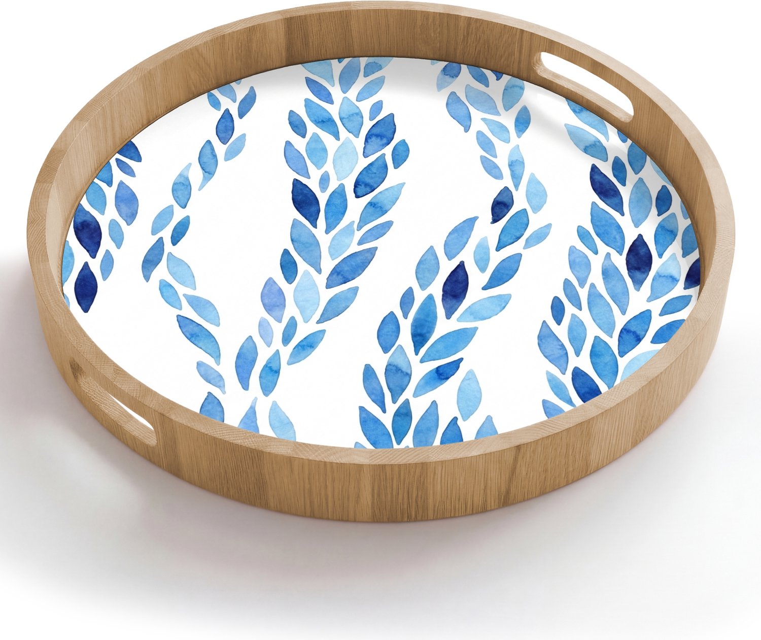 Dienblad rond 50x50 cm - Schootdienblad hout - Bladeren - Aquarel - Patroon - Modern - Blauw - Borrelplank rechthoek - Plateau houten dienbladen