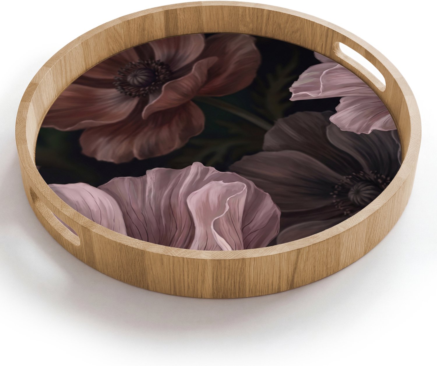 Dienblad rond 40x40 cm - Schootdienblad hout - Bloemen - Natuur - Roze - Donker - Modern - Borrelplank rechthoek - Plateau houten dienbladen