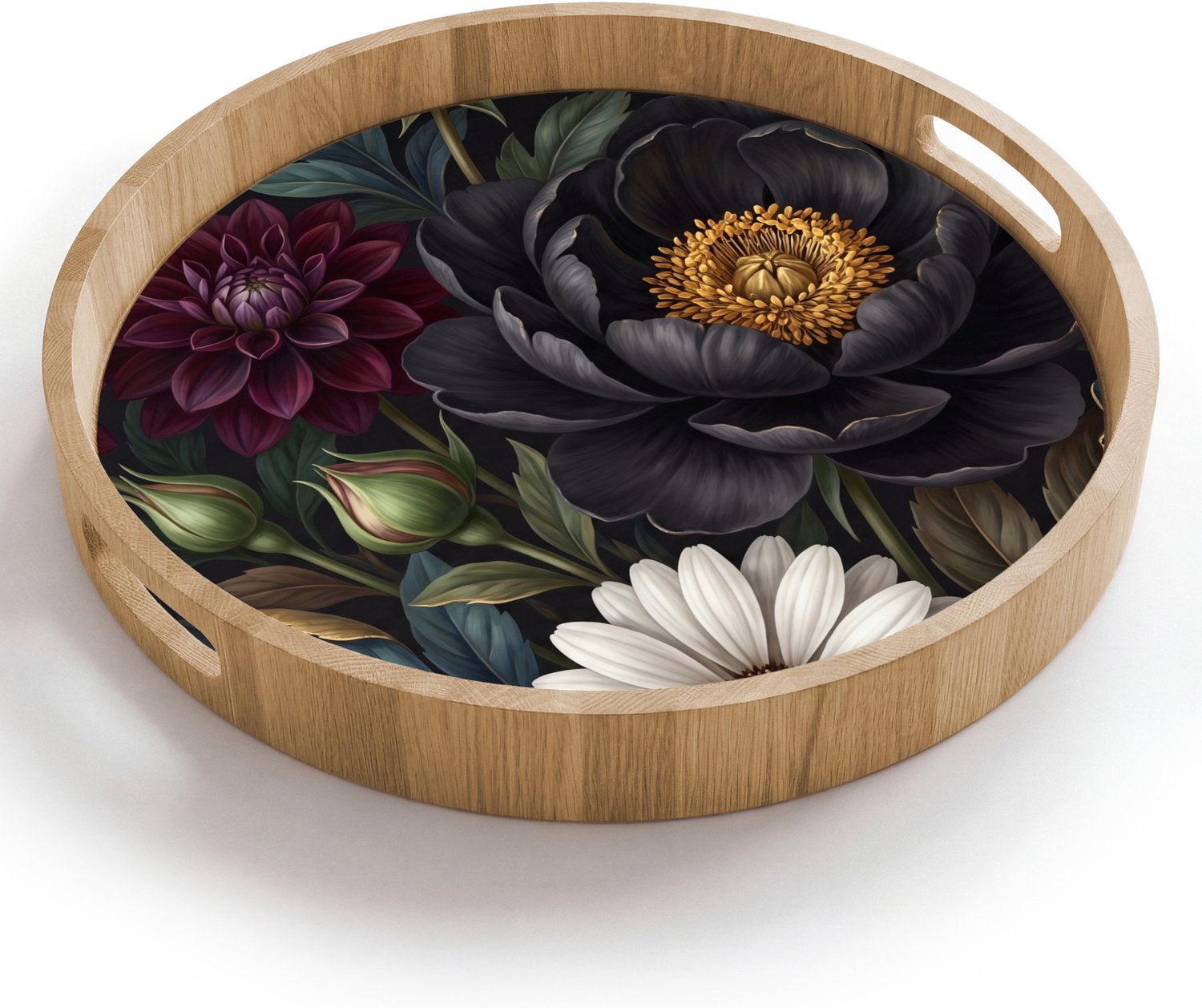 Dienblad rond 40x40 cm - Schootdienblad hout - Bloemen - Boeket - Natuur - Klassiek - Weelderig - Borrelplank rechthoek - Plateau houten dienbladen