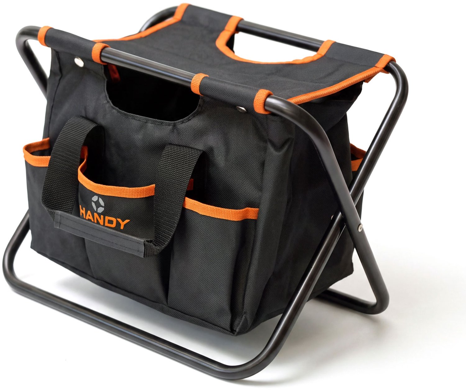 2-In-1 Opvouwbare Tas En Stoel - 600D Polyester Met Metalen Frame - 40 x 29 x 31 cm - 6 Zijvakken + 1 Groot Vak - Max. 100 kg - Oranje/Zwart - Handy [10230]