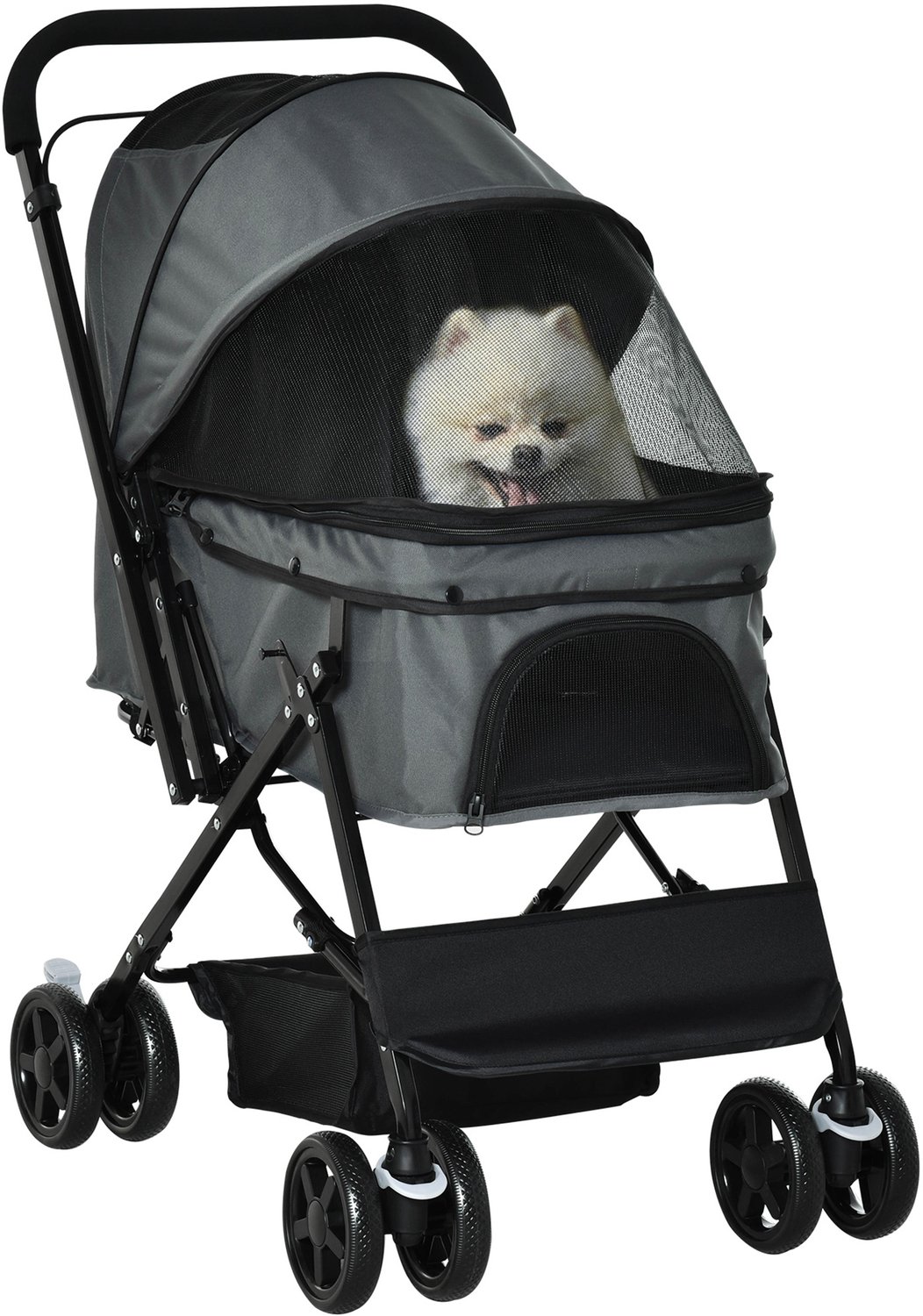 Bol.com PawHut Hondenbuggy met kap - Inklapbare hondenkar met opbergtas en remmen - Buggy voor honden - Donkergrijs aanbieding