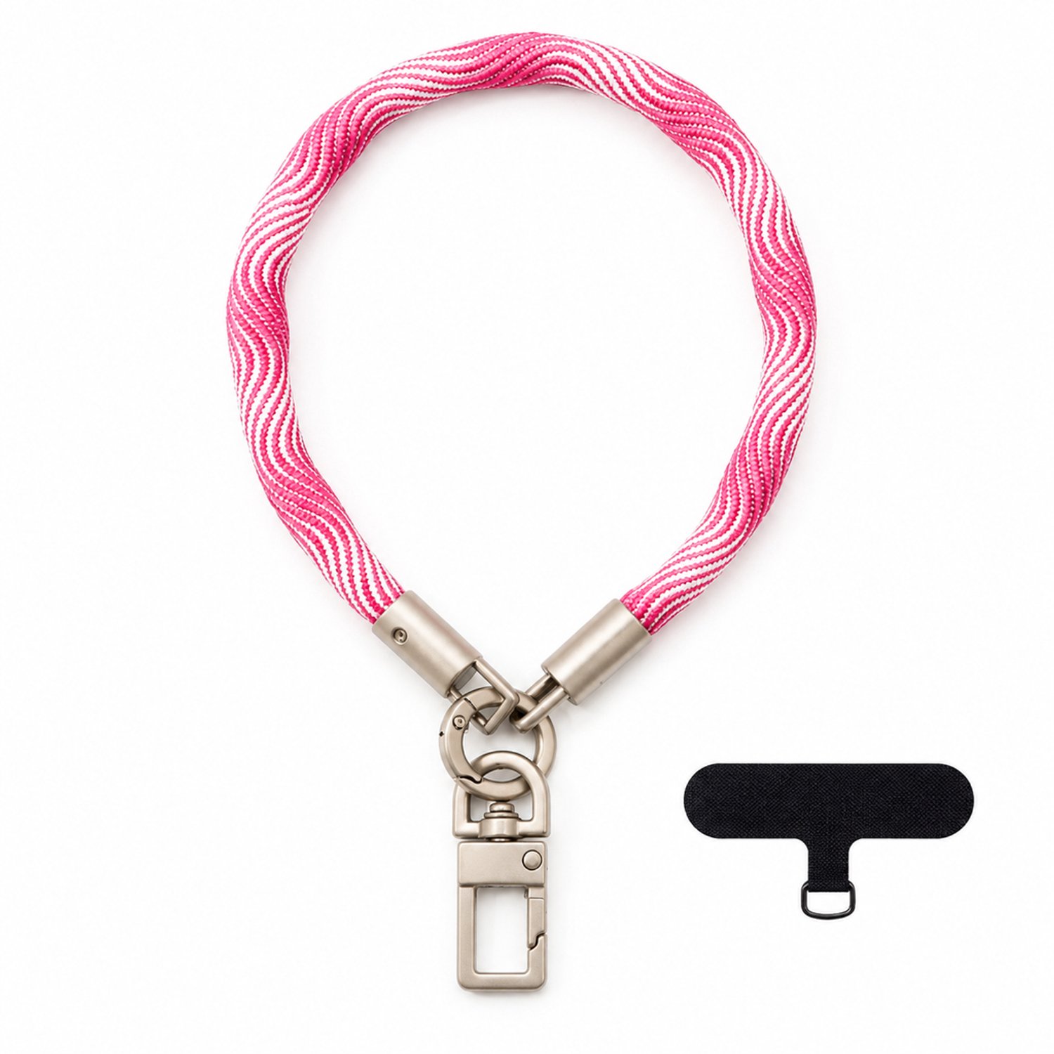Telefoonkoord voor om de pols, 7 mm, roze-wit gevlochten polyester met metalen sluiting en bevestigingspad