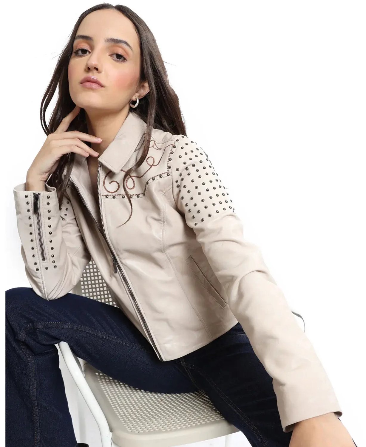 Geborduurde leren jacket voor dames Myra Bag Beige