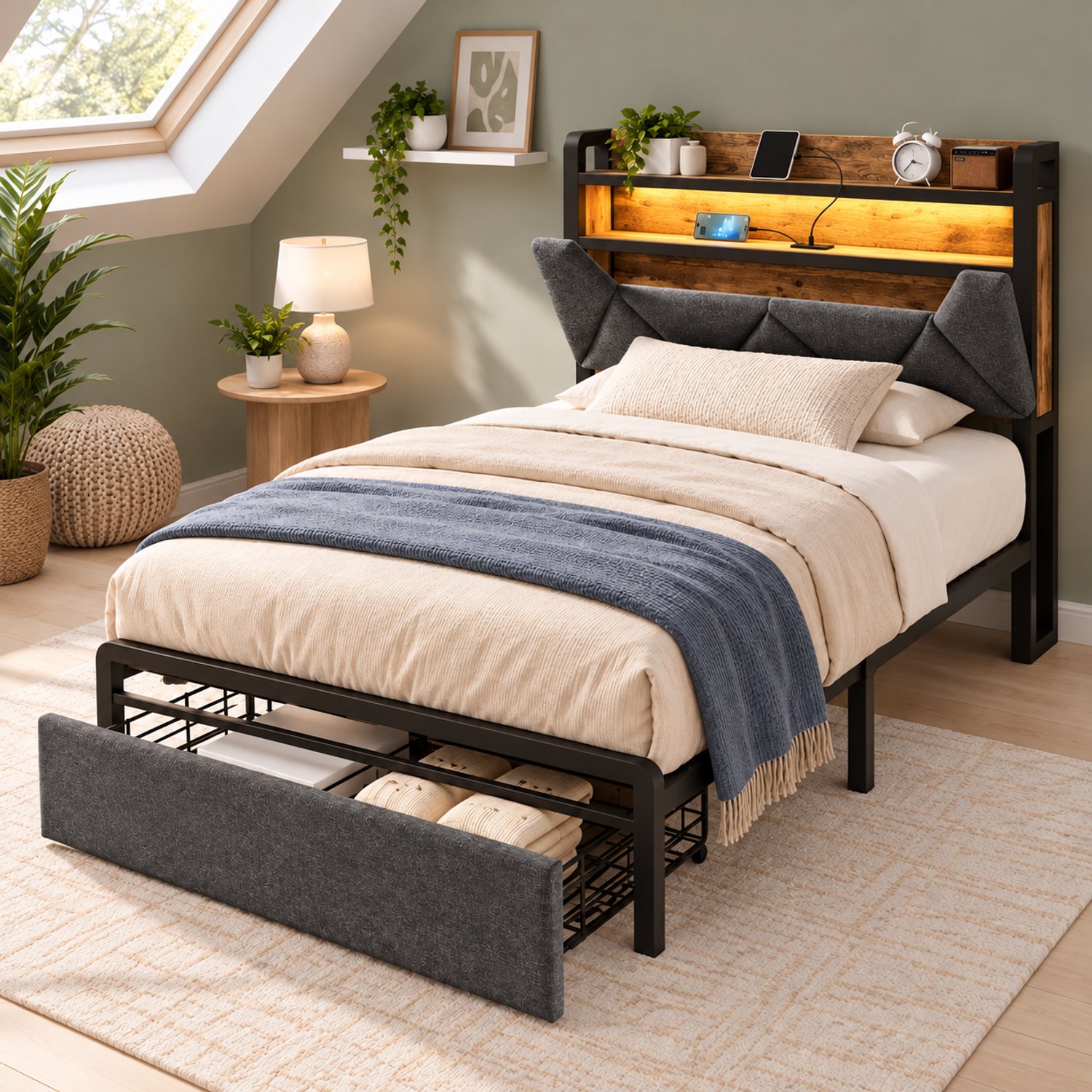 CHICFURN Eenpersoonsbed 90 x 200 cm - LED-verlichting - USB-C - opbergruimte - grijs