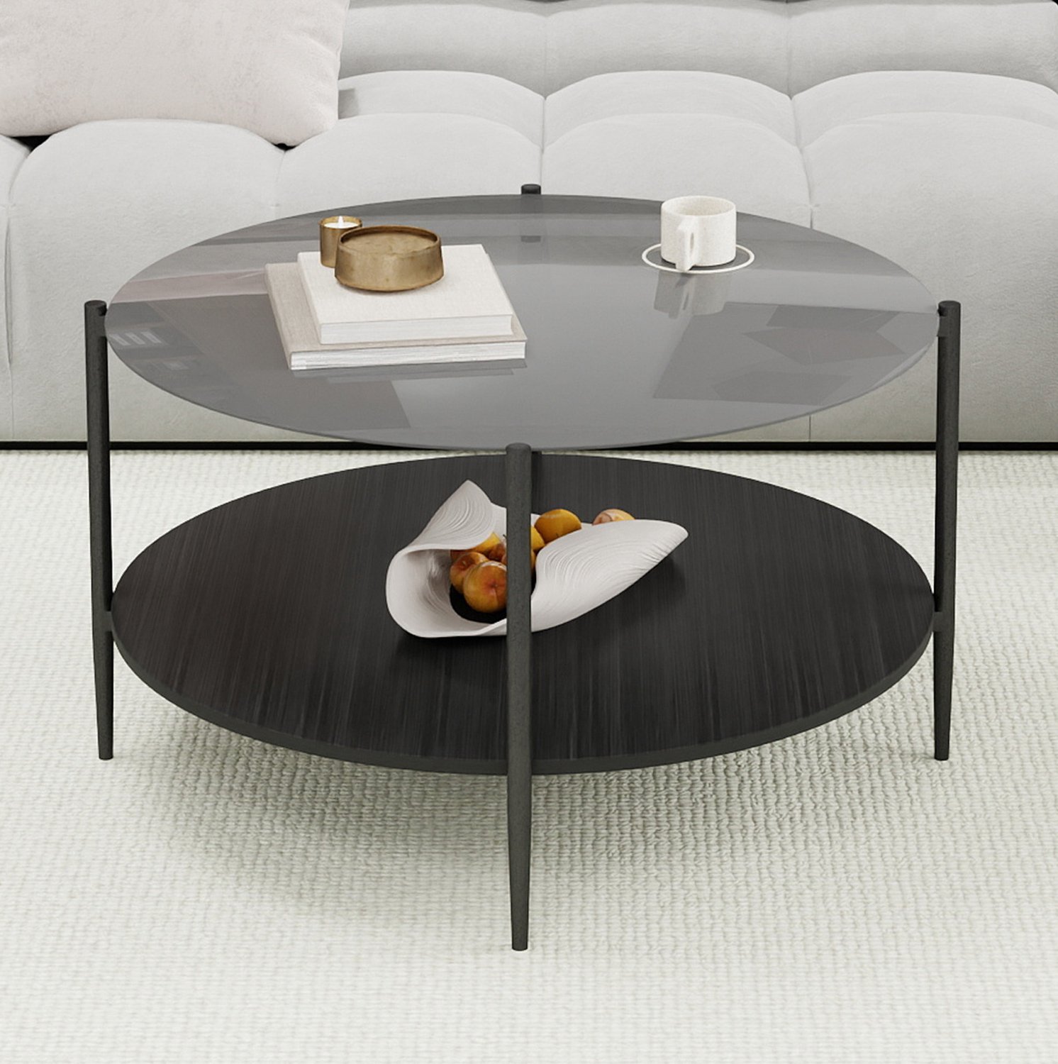 CHICFURN Salontafel - 2-laags opbergen - Rond frame - Zwart