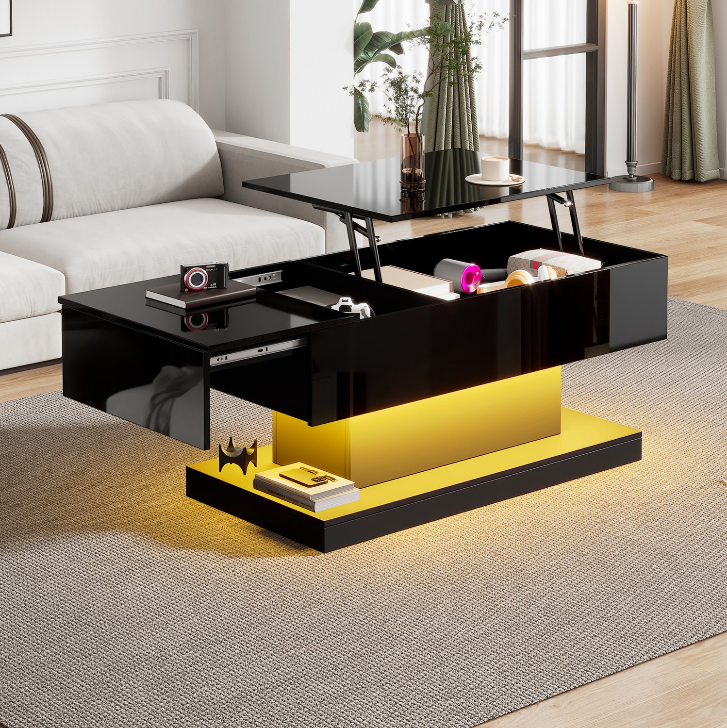 CHICFURN Salontafel - hydraulisch hefblad - opbergruimte - zwart
