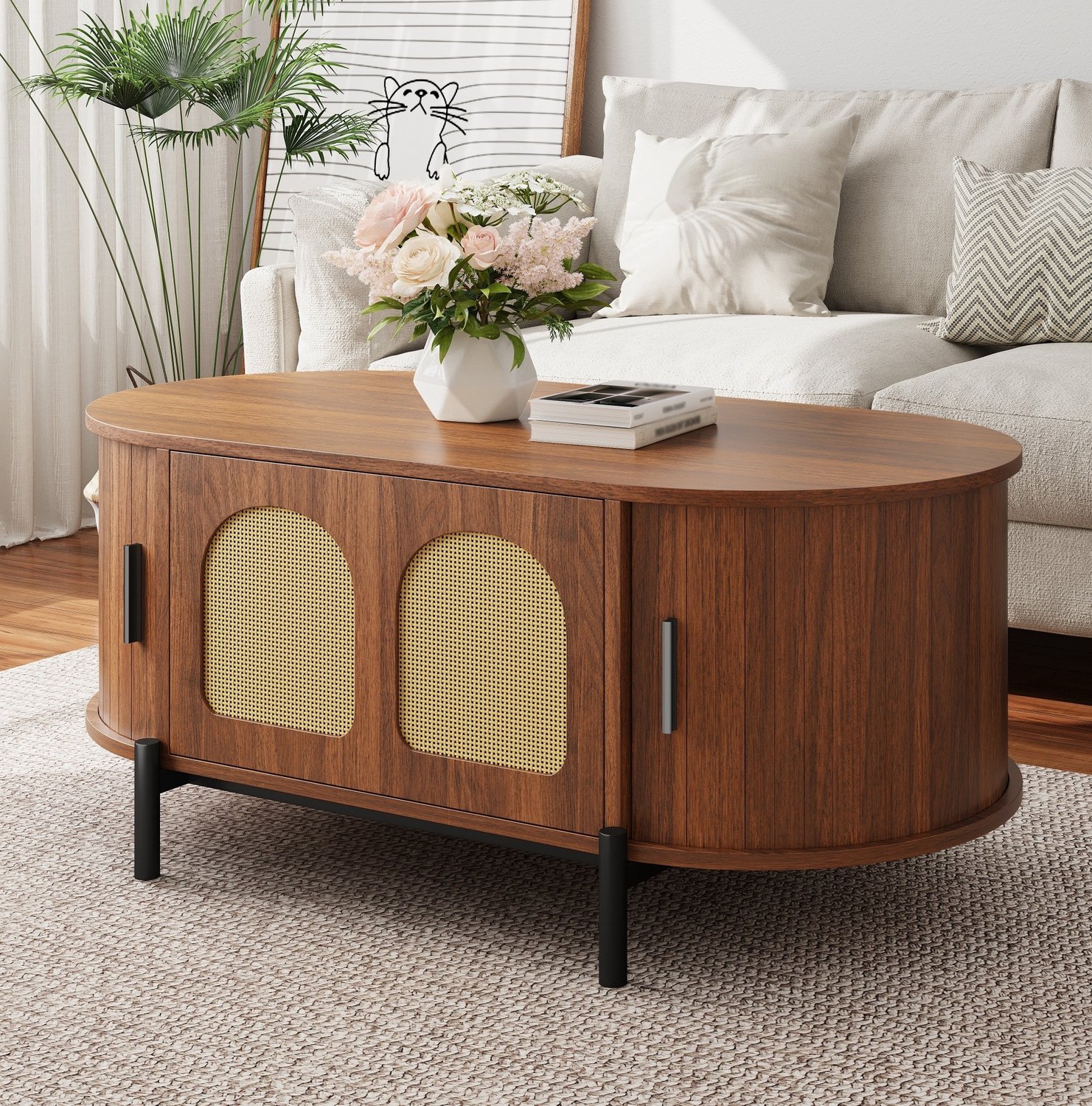 CHICFURN Salontafel - Ovaal - Opbergruimte - Schuifdeuren - Walnoot