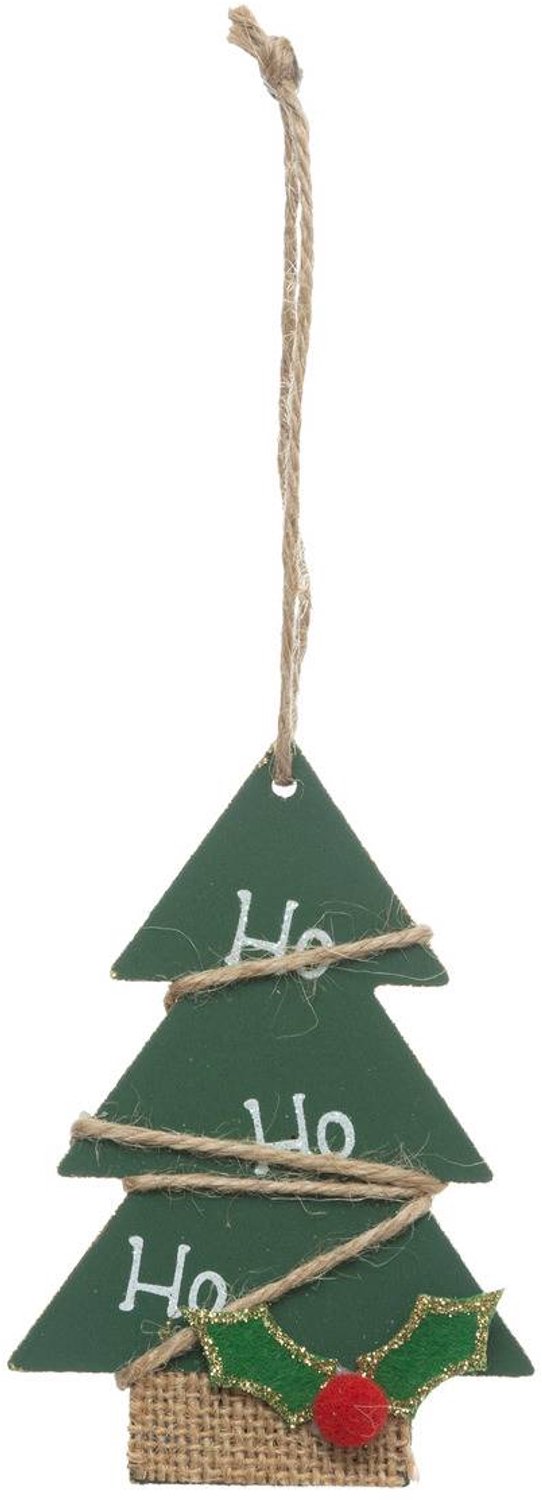 Feeric lights & Christmas Groene houten kerstboom met opschrift 'Ho Ho Ho', 10 cm Vert
