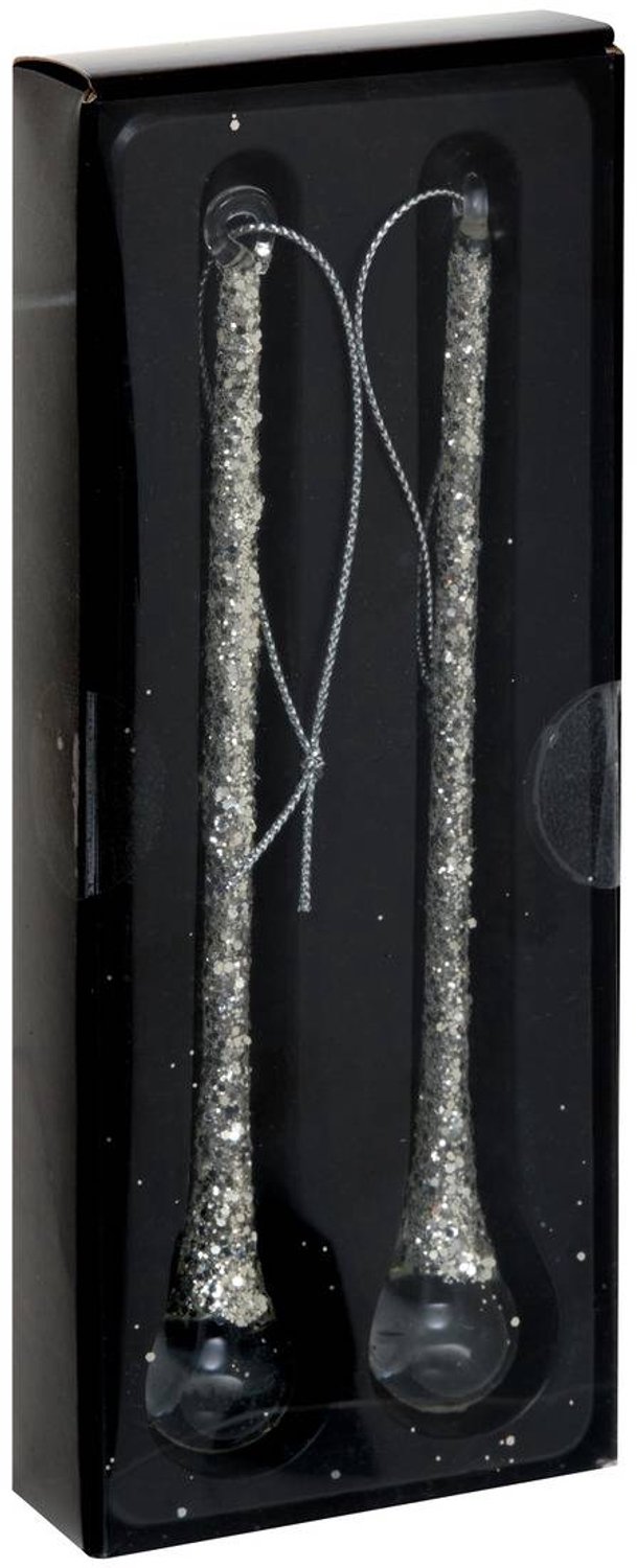 Feeric lights & Christmas Set van 2 zilverkleurige glazen kerstboomversieringen in druppelvorm, 15 cm Transparent