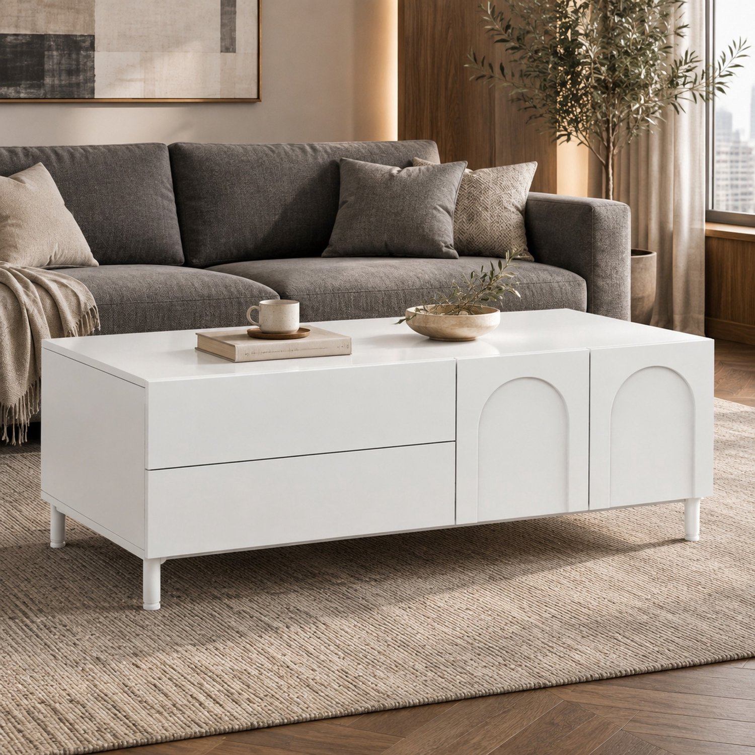 CHICFURN Salontafel 100 cm - Opbergruimte - 2 lades en 2 deuren - Woonkamer - MDF en spaanplaat - Wit