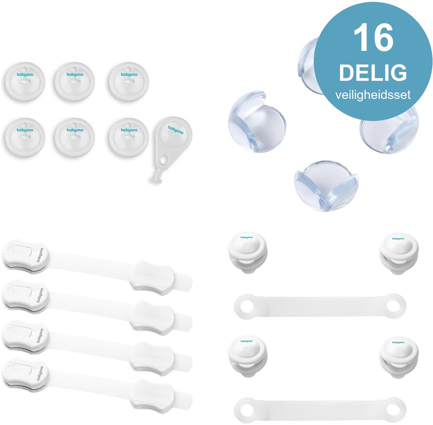 BabyOno Safe Home Veiligheidsset 16-delig - Complete Kinderbeveiliging voor in Huis - 6x Stopcontactbeveiliging met Sleutel + 4x Hoekbeschermers + 4x Kastdeurklem + 2x Kinderslot - Babyproof Pakket