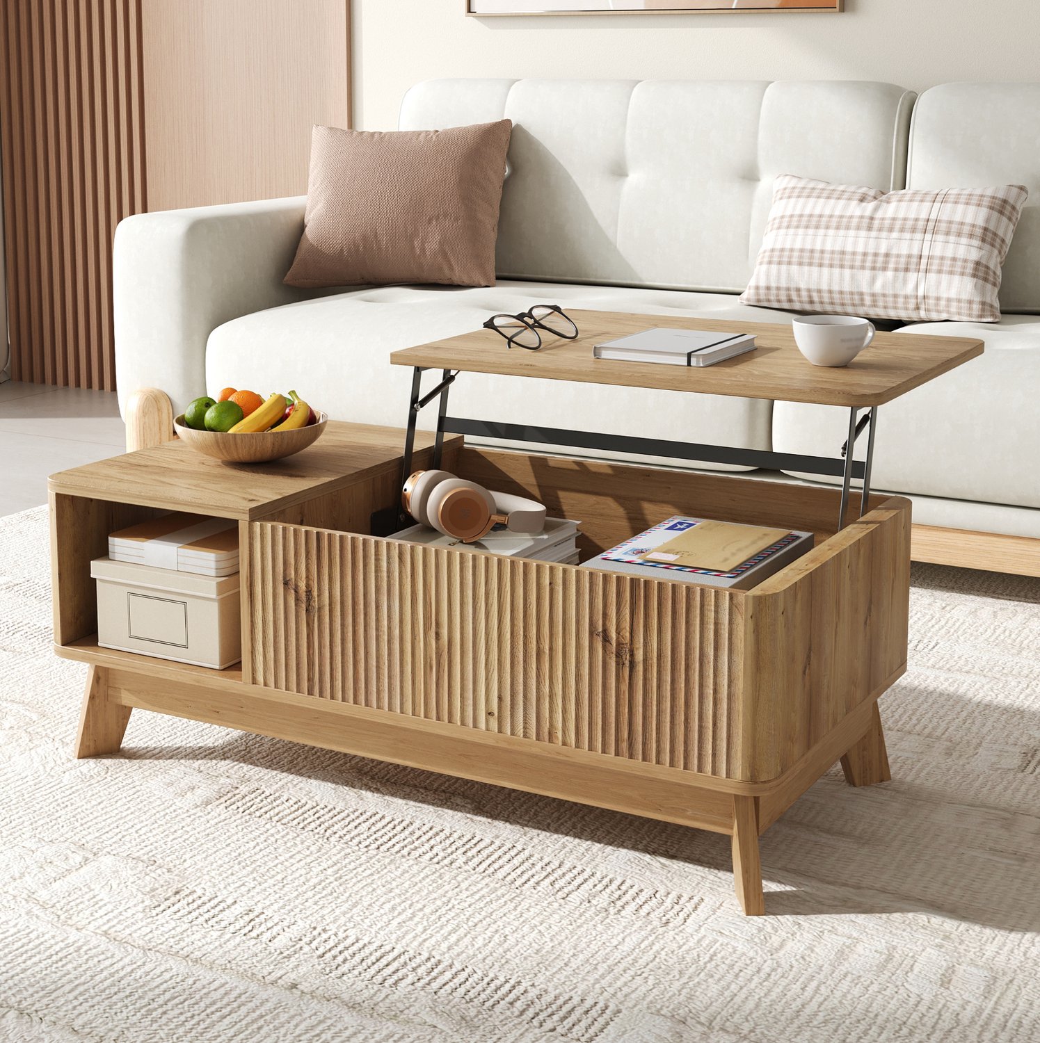 CHICFURN Salontafel 95 cm - hoogte verstelbaar - verborgen opbergruimte en open zijvak - woonkamer - MDF - naturel