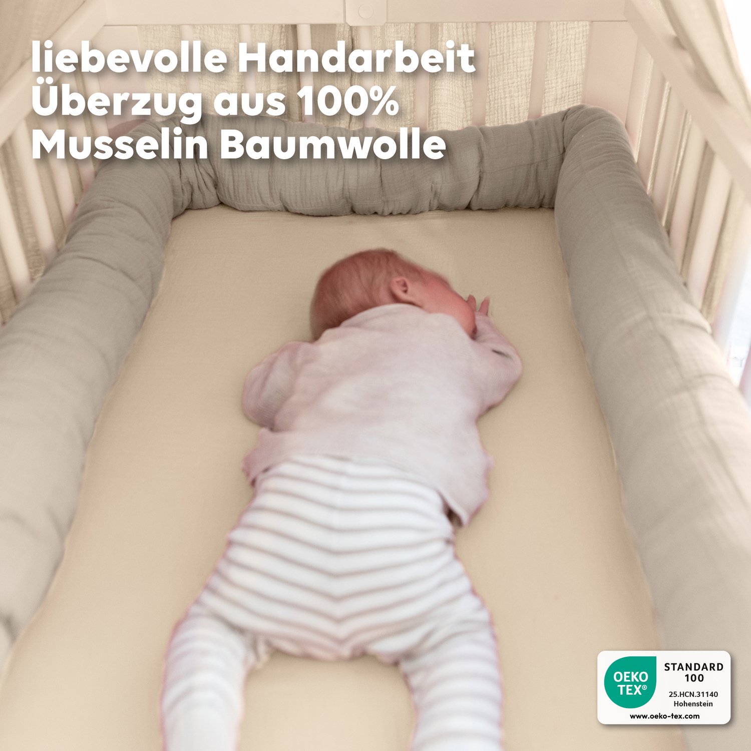 LILIMAUS Bedomrander 300 cm - bedslang voor ledikant en kinderbed - mousseline katoen - lichtbeige