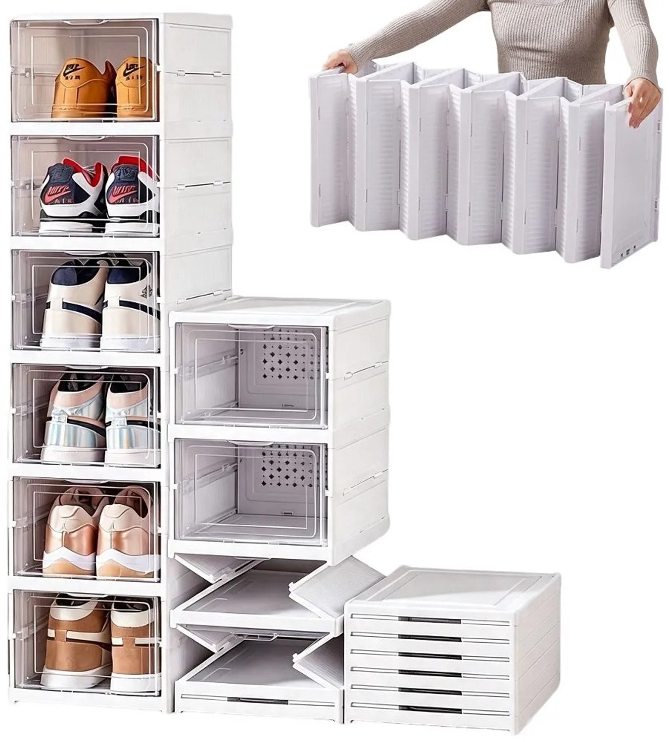 Cherrys Finds - Schoenenrek - Inklapbaar Schoenenrek - Schoenenkast - Schoenen Opbergsysteem - Schoenen Organizer - Schoenenbox - Sneaker Box - Shoe Box - Schoenenbox Transparant - Schoenenboxen Stapelbaar - Doorzichtige Deuren