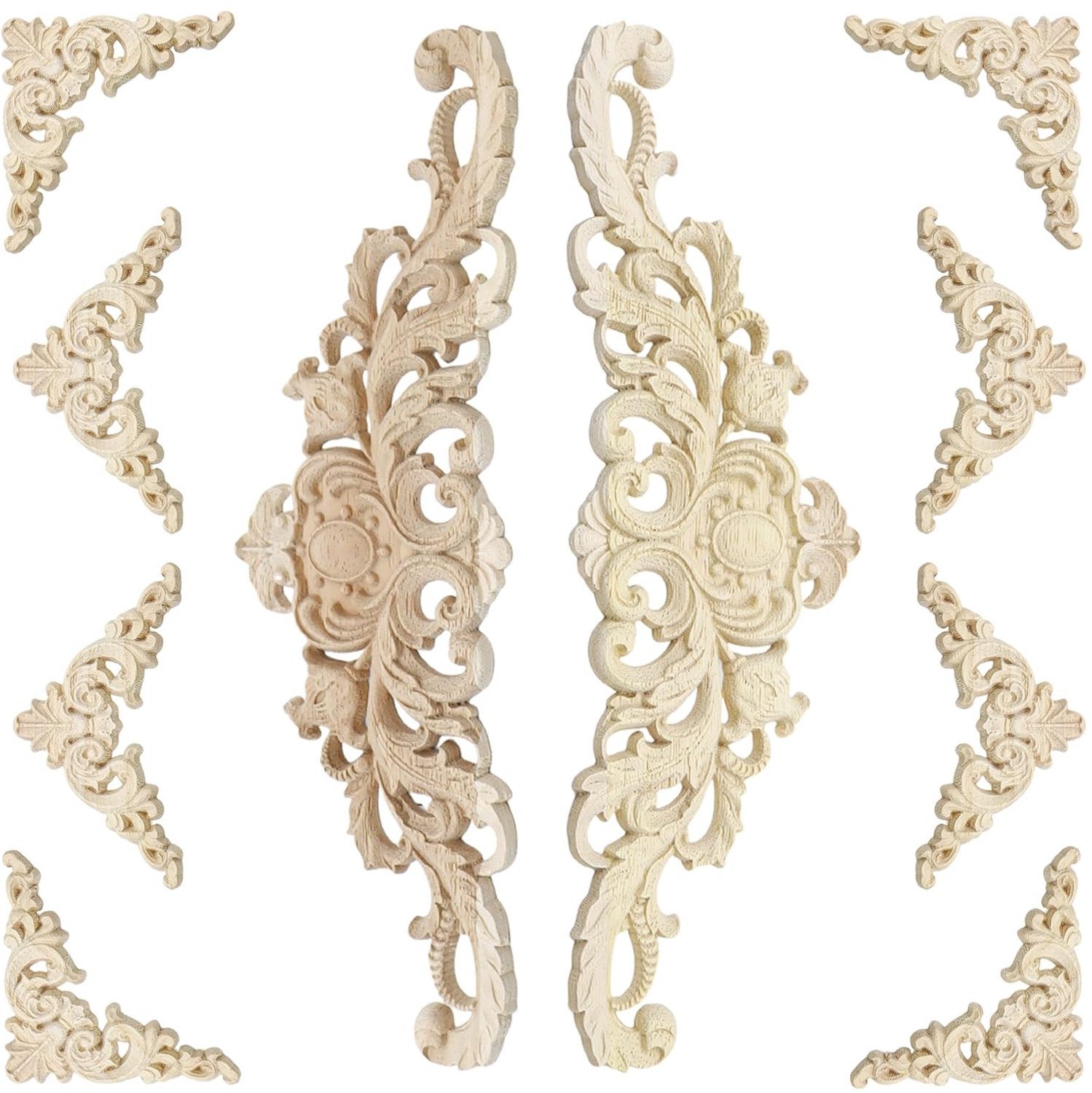 Houten Ornamenten 10 Stuks - Decoratie Voor Meubels - Vintage Houtsnijwerk - Natuurlijke Houtkleur - Afmetingen: 30x8,5/8x8 cm