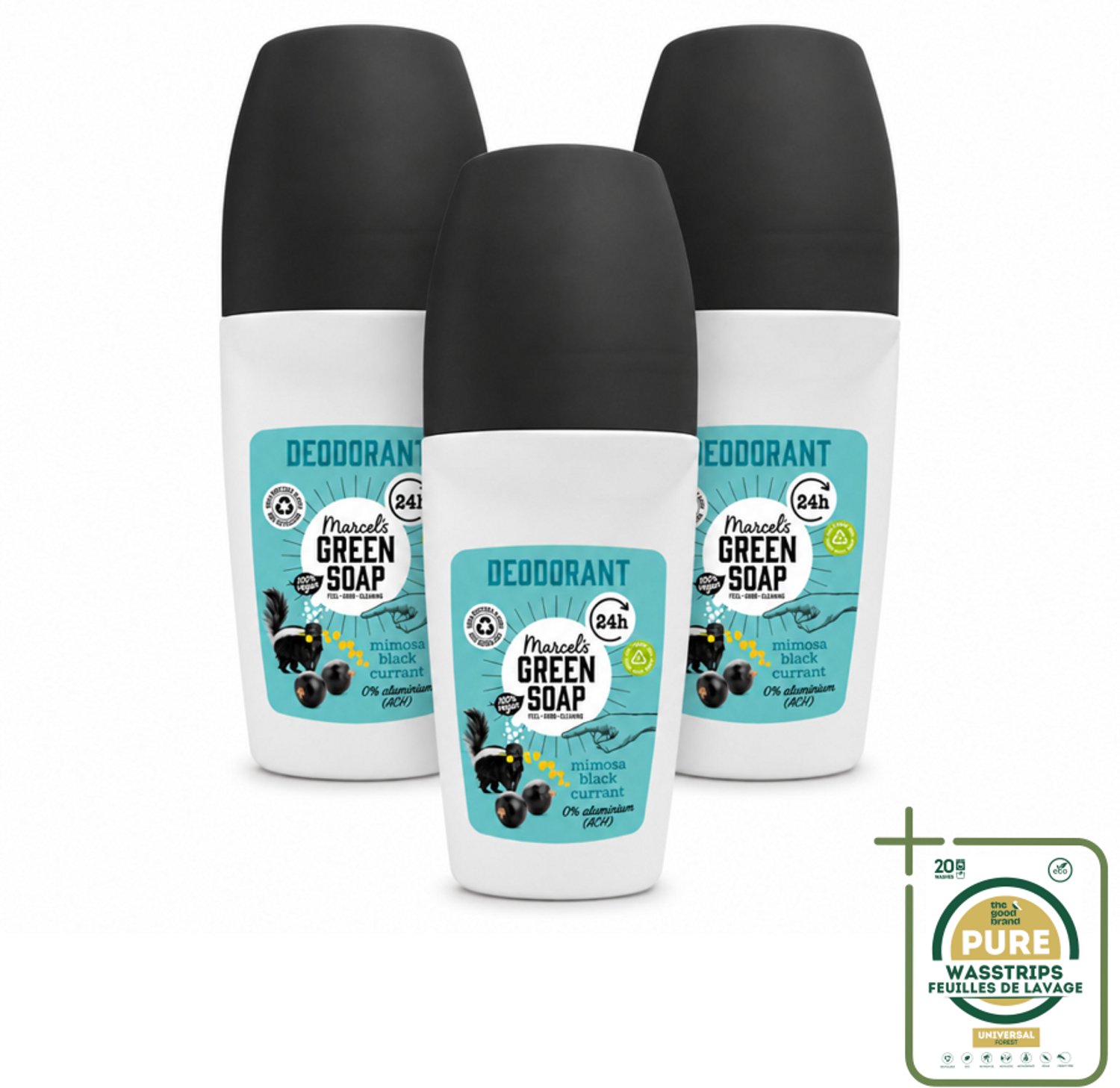3 x Marcel's Green Soap - Deodorant Roller - Mimosa & Blackcurrant - Langdurige frisheid - 50 ml - Wasstrips - Deodorant Roller - Natuurlijke Geur - Frisse Geur - Okselverzorging - Duurzame Deodorant