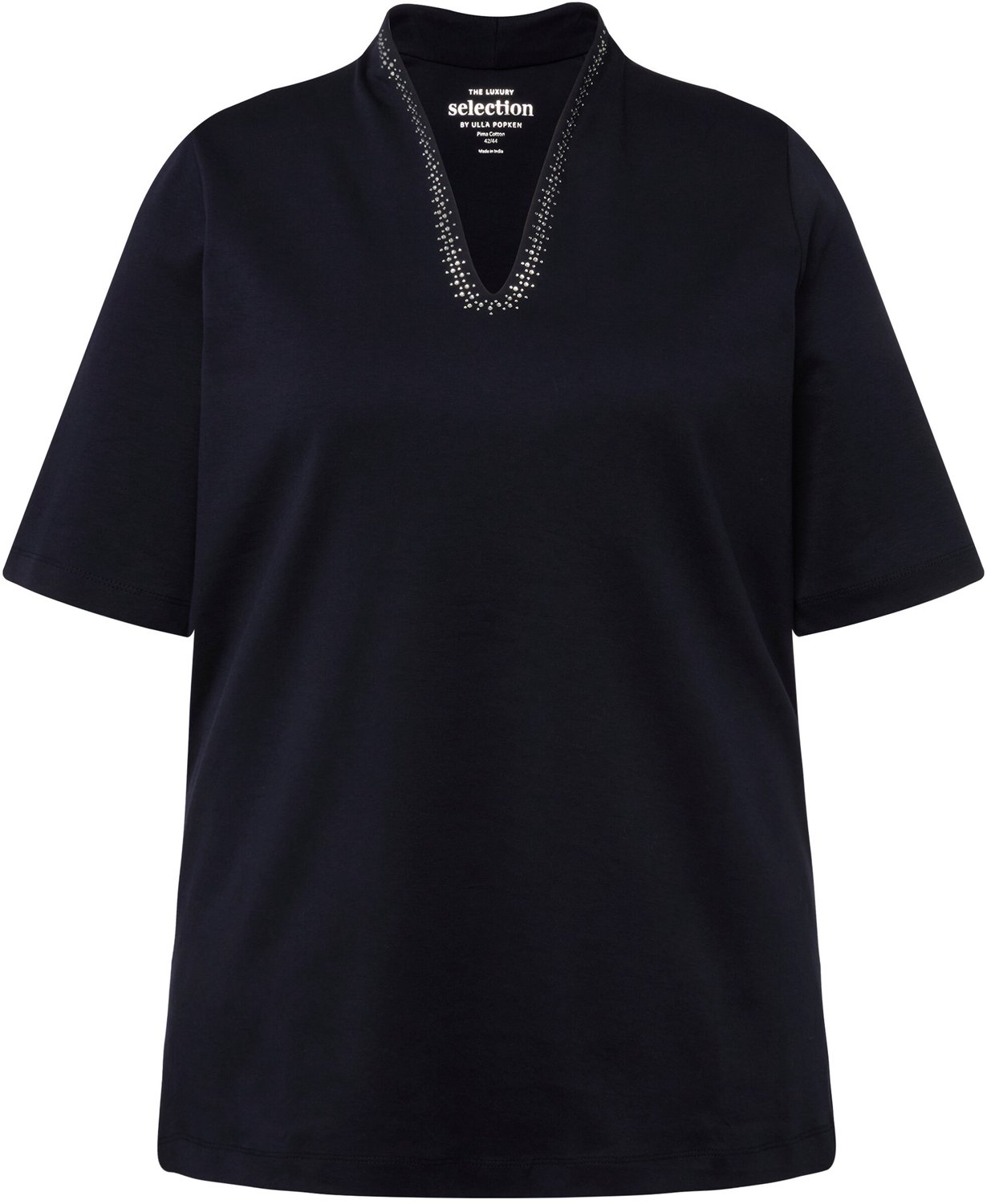 Ulla Popken - Dames - T-shirt gobletkraag V-hals halve mouwen - Marine - Maat 42+