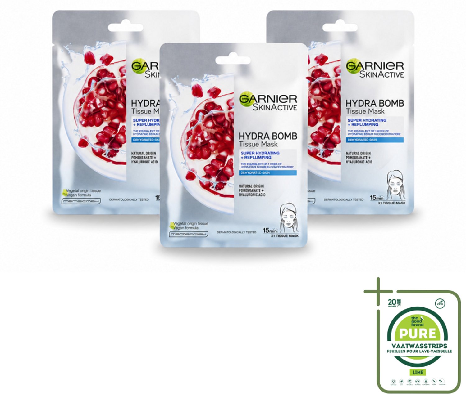 3 x Garnier - SkinActive - Hydra Bomb Sheet Mask - Granaatappel - Gezichtsmasker - 1 Gezichtsreinigingsmiddel - Grootverpakking - Vaatwasstrips - Gezichtsmasker - Hydraat - Huidverzorging - Droge Huid - Gevoelige Huid