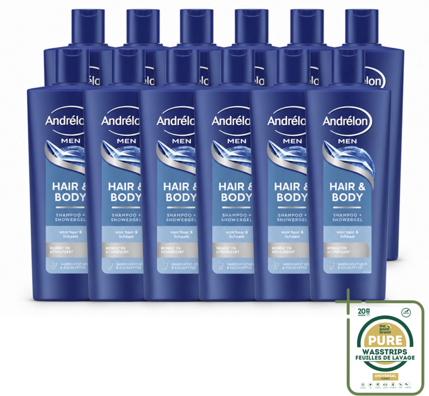 12 x Andrélon – Shampoo – Hair & Body Men – 400 ml - Wasstrips - 2-in-1 Shampoo En Showergel - Haar En Huid Reinigen - Eucalyptus - Sandelhout - Mannelijke Geur