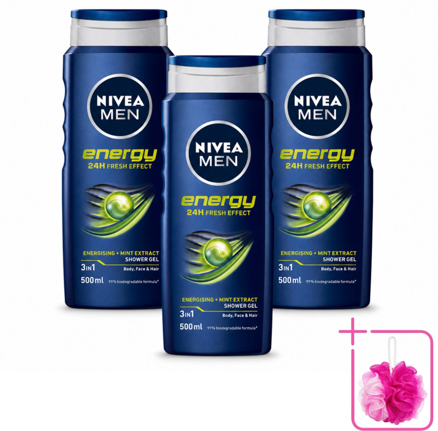 3 x NIVEA MEN - Douchegel - Energy - 500 ml - Bulkverpakking - Douchegel - Douchemop - Energie