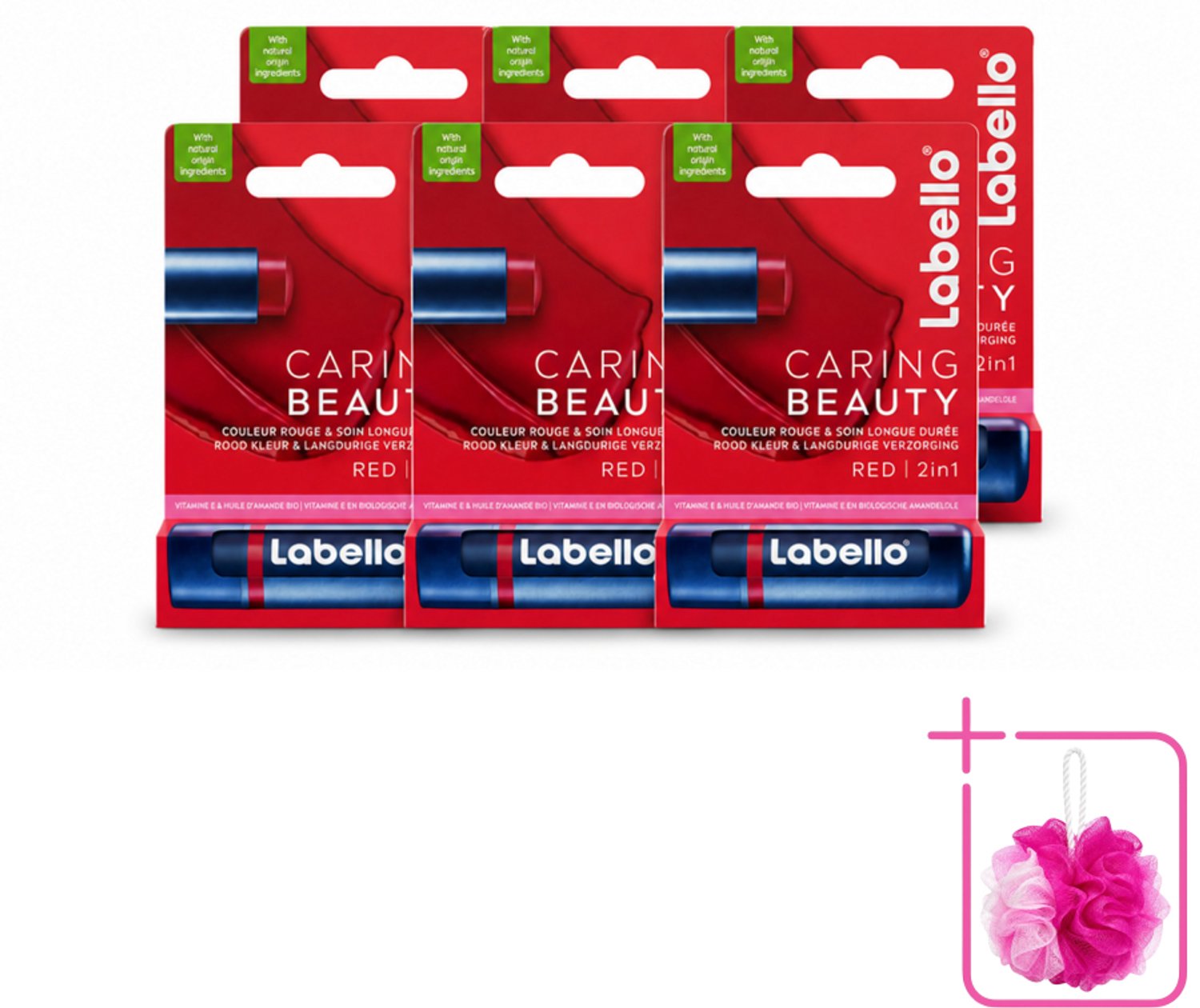 6 x Labello –Lippenbalsem – Caring Beauty Red – 5,5 ml - Bulkverpakking - Lippenbalsem - Douchemop - Verzorging