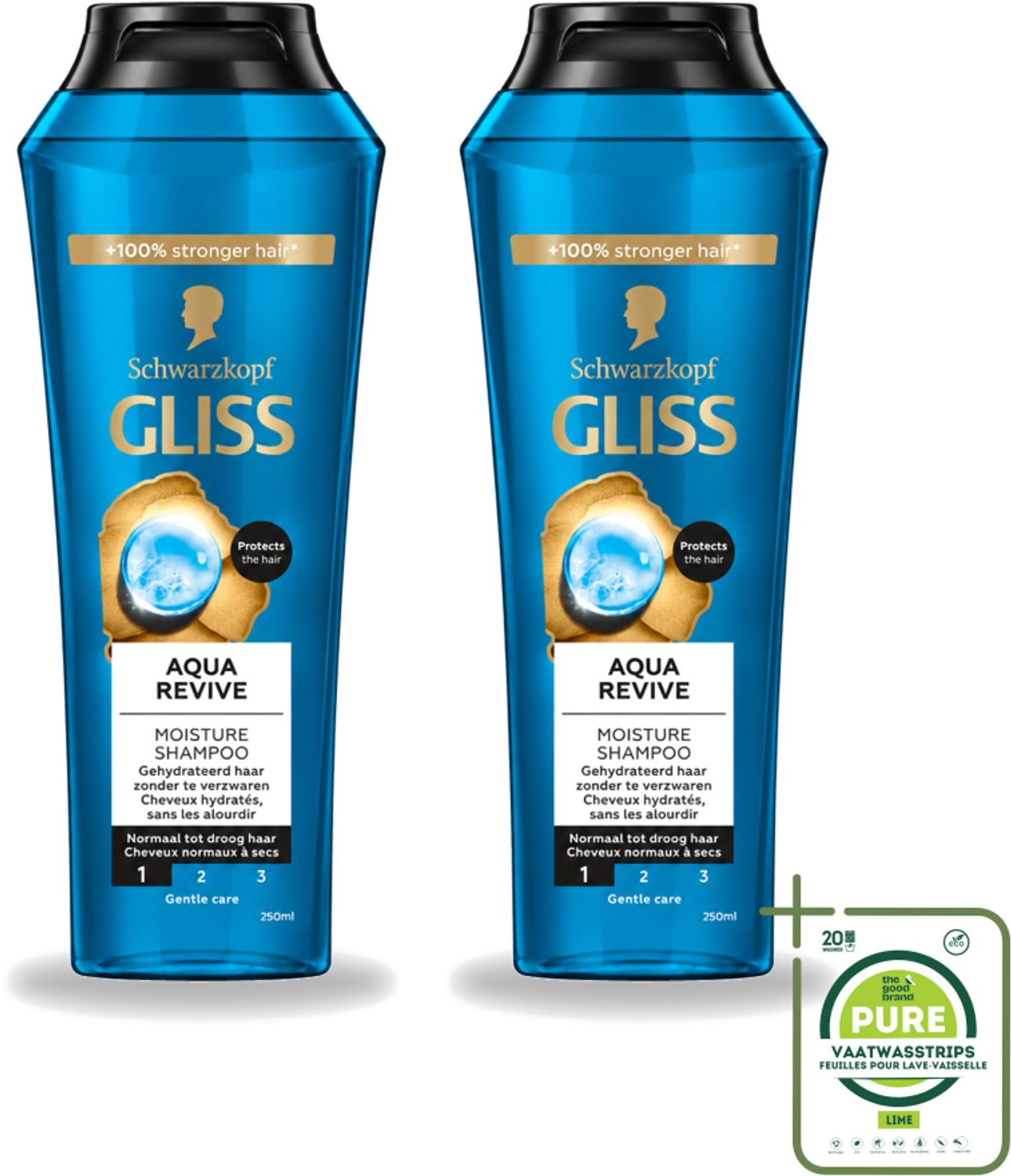 2 x Gliss - Shampoo - Aqua Revive - Voor Hydraterend en Fris Haar - 250 ml - Grootverpakking - Vaatwasstrips - Hydraterend Haar - Droog Haar - Beschadigd Haar - Haar Reinigen - Haar Verzorgen