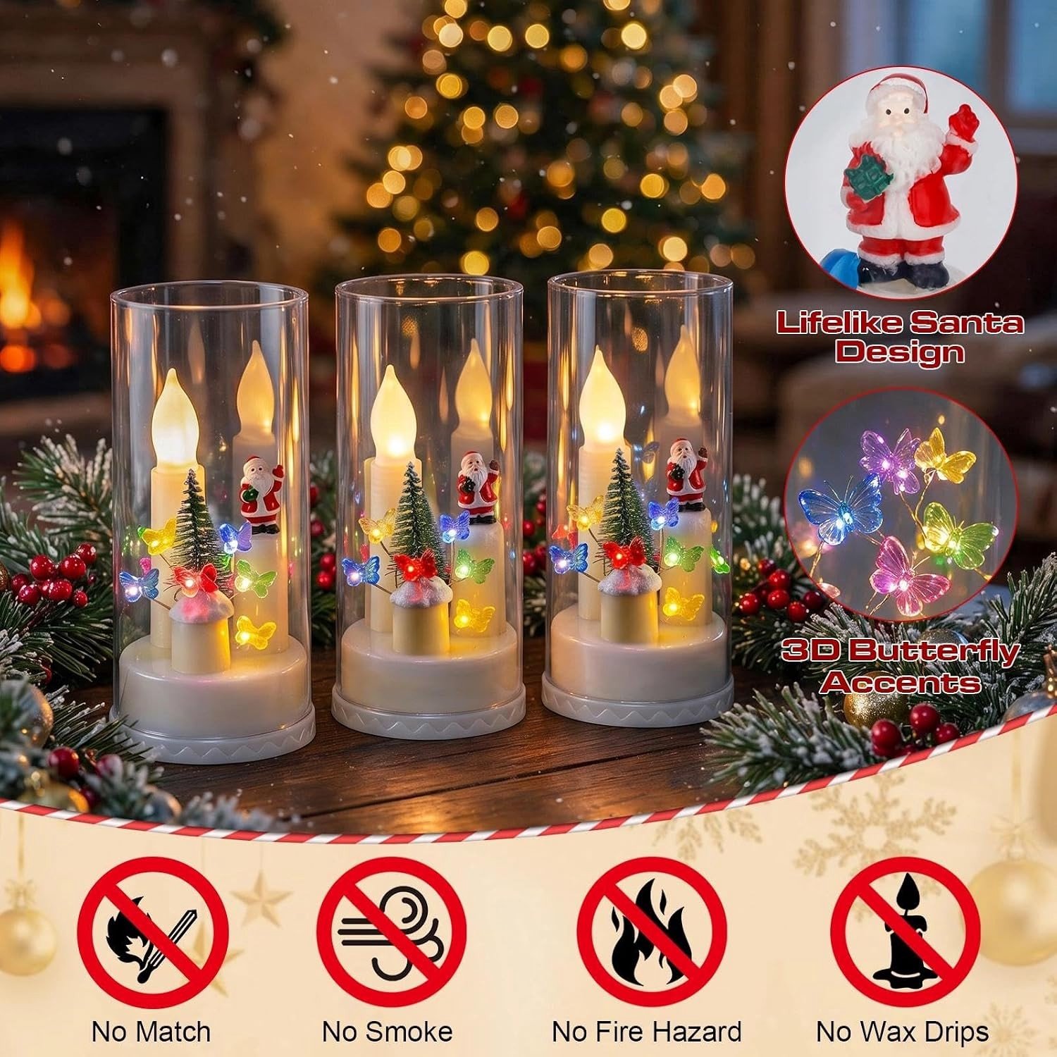 Set van 3 Elektrische Kerstkaarsen - Wit - 8,2 x 8,2 x 16 cm - Gemaakt van Acryl en PP - Voor Kerstdecoratie – foto 2