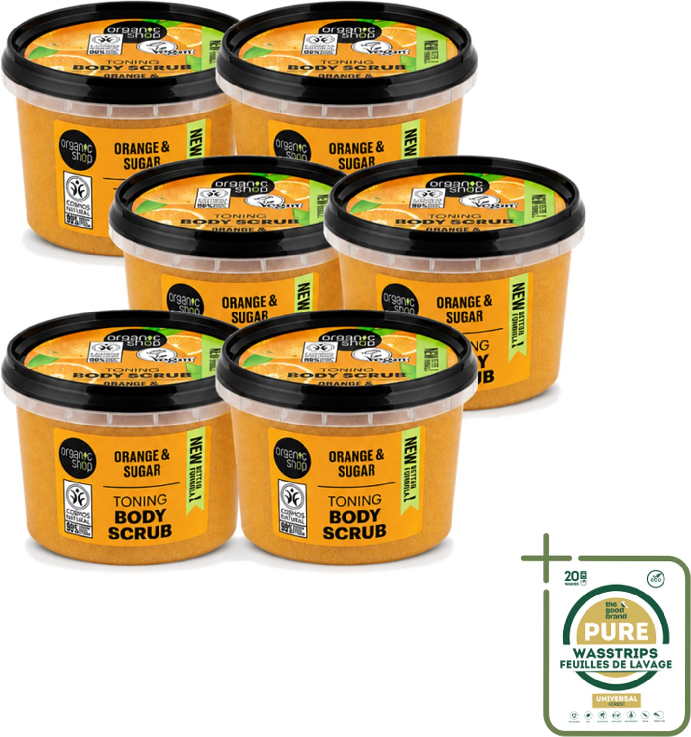6 x Organic Shop - Body Scrub Orange - Verzorgend en Geurend - 250 ml - Wasstrips - Bodyscrub - Huidverzorging - Exfoliatie - Sinaasappelolie - Natuurlijke Huidverzorging