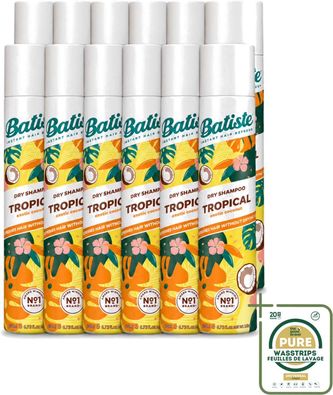 12 x Batiste - Tropical - Droogshampoo - Tropische Geur - Verfrist en Stylet - 200ml - Wasstrips - Droogshampoo - Tropische Geur - Fris Haar - Vet Haar - Haarkleur