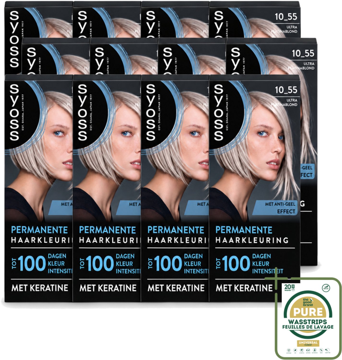 12 x SYOSS - Permanent Coloration 10-55 - Haarverf - Permanente Haarkleuring - Ultra Platina Blond - Grijsdekking - Wasstrips - Haarverf - Permanent Kleuren - Grijsdekking - Keratine - Haarverf Voor Thuis