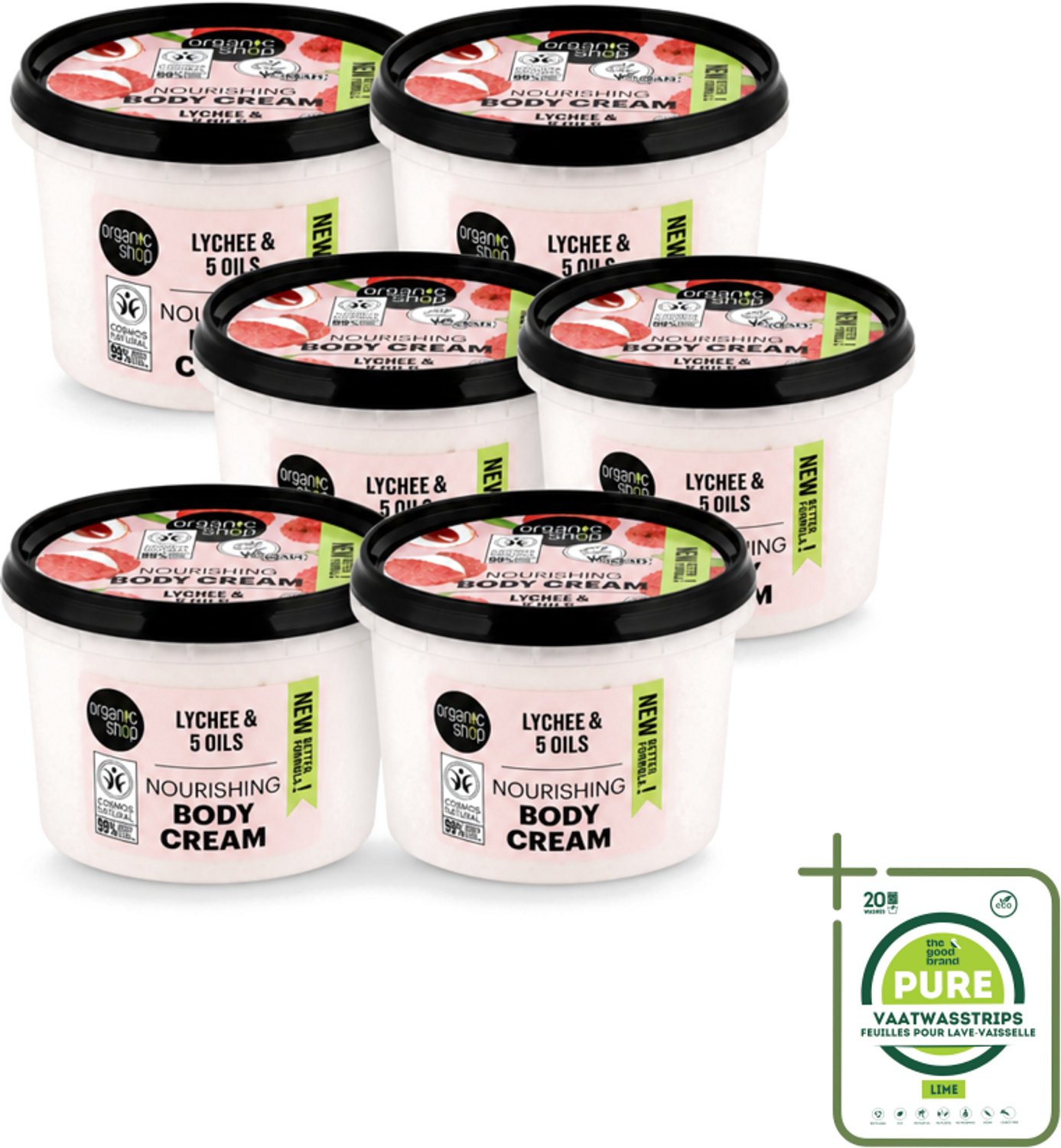 6 x Organic Shop - Nourishing Body Cream Lychee - Hydraterend en Voedend - 250 ml - Grootverpakking - Vaatwasstrips - Hydratatie - Voeding - Natuurlijke Crème - Lychee Crème - Huid Verzorging