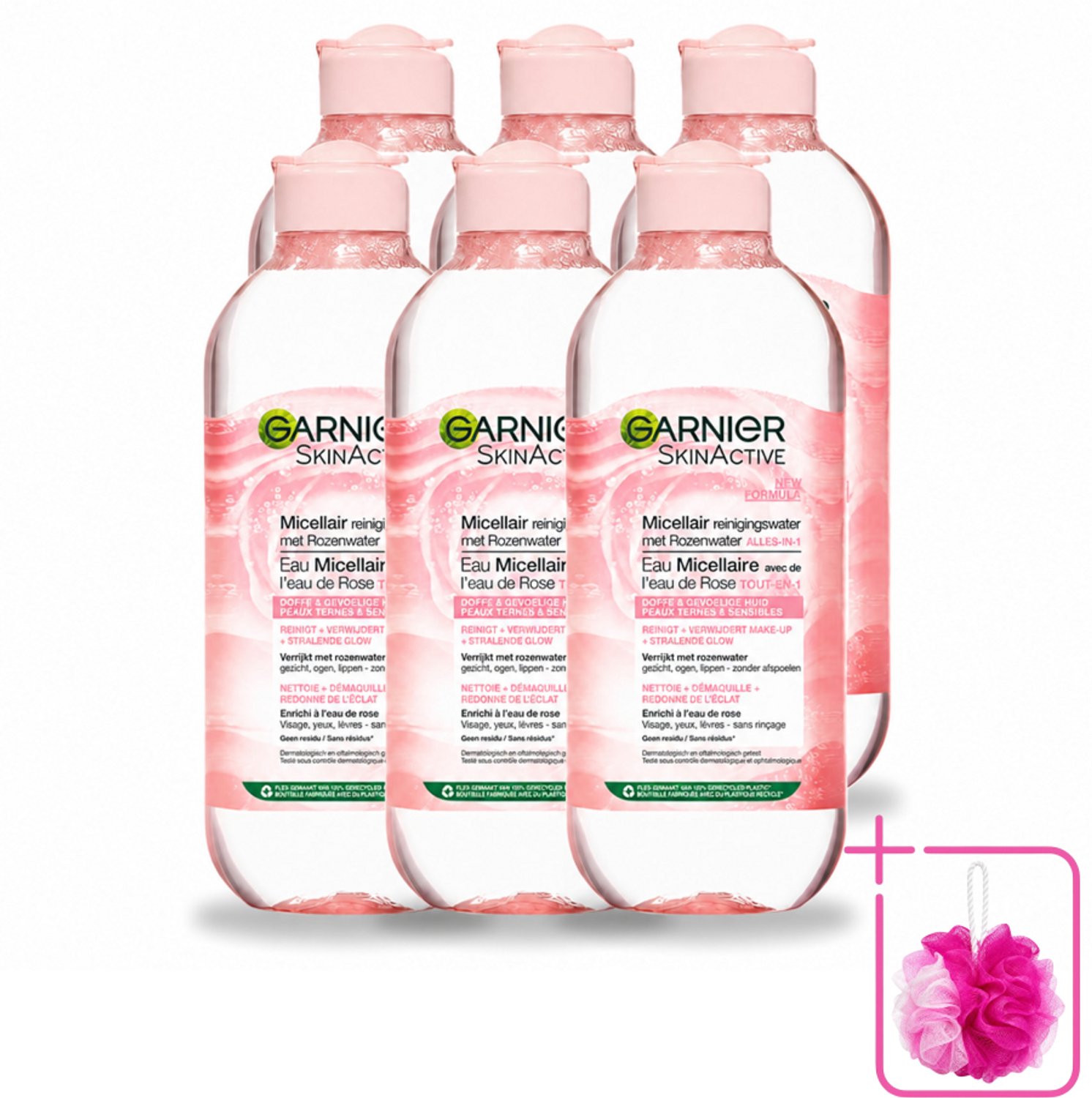 6 x Garnier - SkinActive - Micellair Reinigingswater - Rozenwater - Stralende Huid - 400 ml - Bulkverpakking - Micellair reinigingswater - Douchemop - Rozenwater