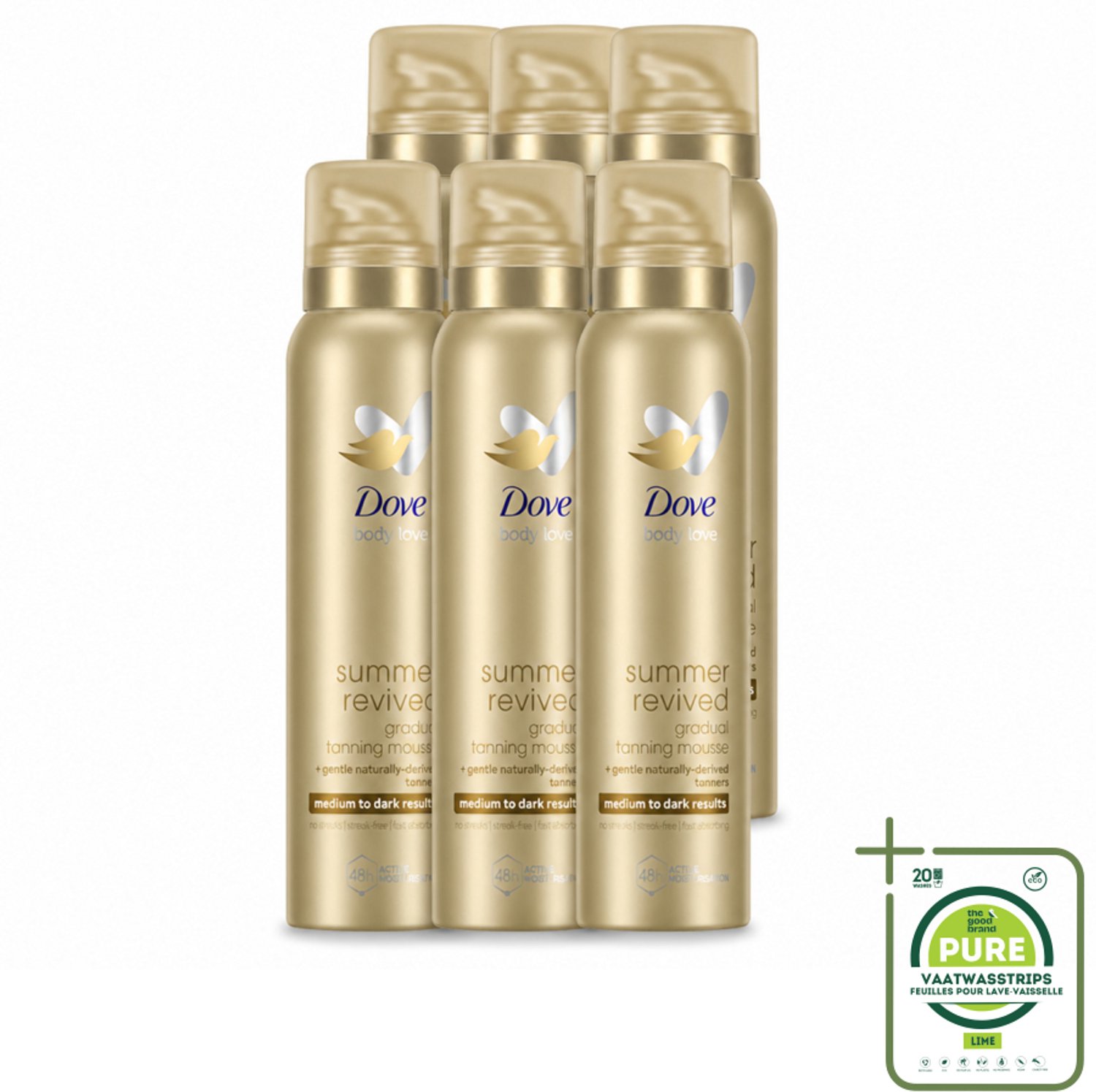 6 x Dove – Bodymousse – Summer Revived Medium-Dark – 150 ml - Grootverpakking - Vaatwasstrips - Zelfbruinende Bodymousse - Natuurlijke Teint - Zonnige Huid - Huidverzorging - Huidhydratatie