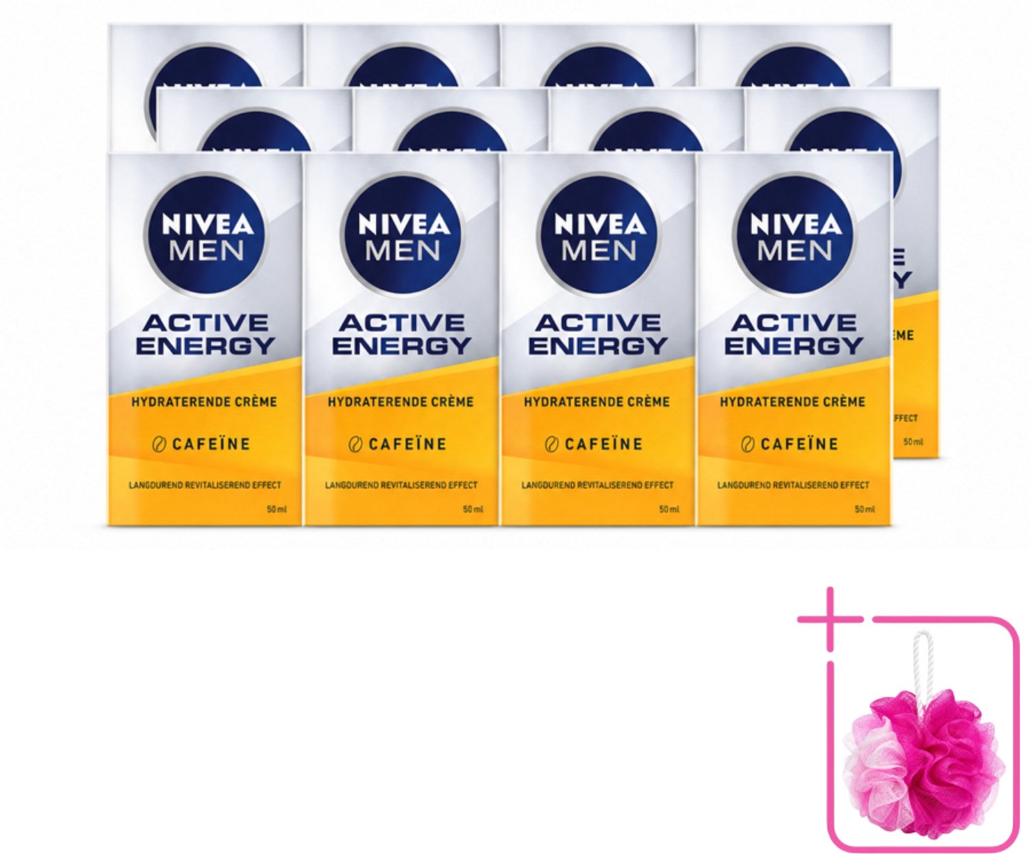 12 x NIVEA MEN - Active Energy - Gezichtscrème met Cafeïne - 50 ml - Bulkverpakking - Gezichtscreme voor mannen - Douchemop - Energie voor huid