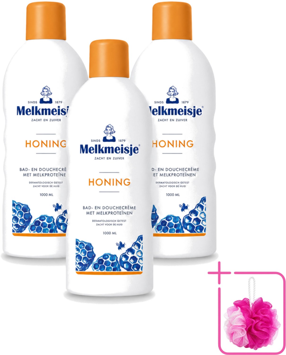 3 x Melkmeisje – Bad & Douche – Honing – 1000 ml - Bulkverpakking - Bad en douche crème - Douchemop - Honing crème