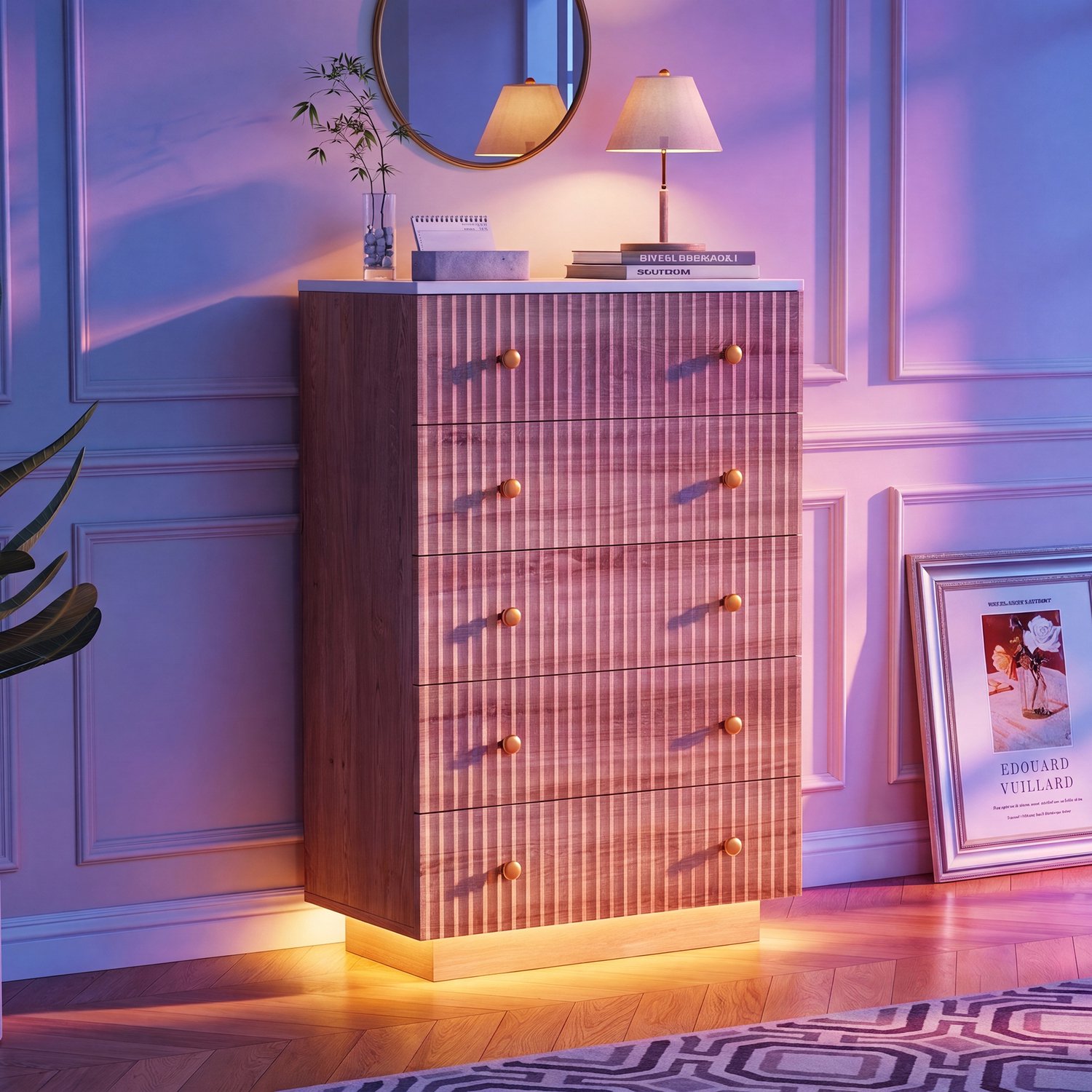 Yelenaro Ladekast 5 lades met LED verlichting, Modern dressoir met geribbeld reliëf en gouden handgrepen, Houten opbergcommode voor slaapkamer hal woonkamer, 73 x 40 x 111 cm