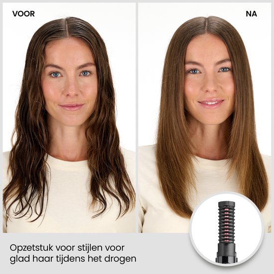 Avant-après avec l'embout de lissage pour des cheveux lisses durant le séchage.