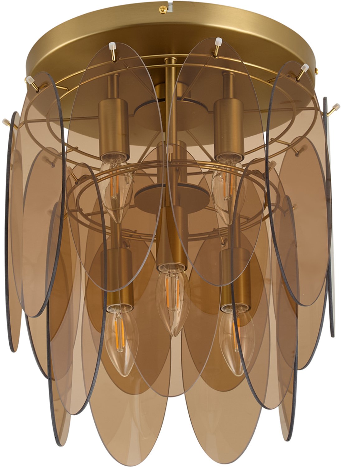 Qazqa art deco plafondlamp - Mochan - goud met amberglas, vintage, rond, 6-lichts, 35cm, ideaal als hal en woonkamer lamp