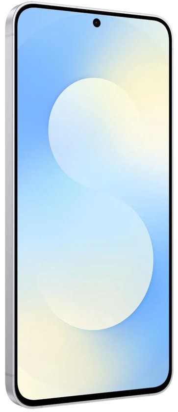 Schuin vooraanzicht van de smartphone met blauw-crème achtergrond op het scherm.