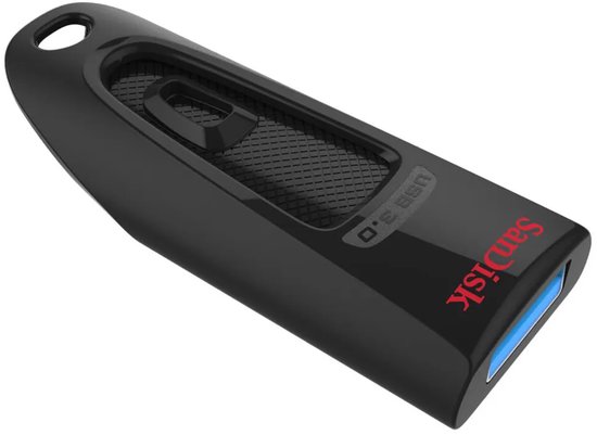 Zwarte SanDisk Ultra USB 3.0-stick met ingetrokken connector.