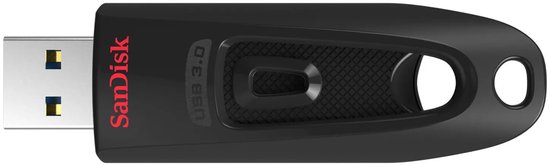 Zwarte SanDisk Ultra USB 3.0-stick, zijaanzicht met uitgeschoven connector.