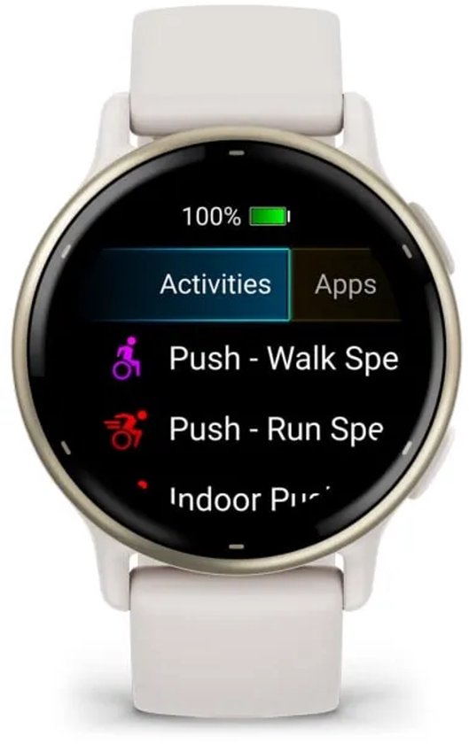 Garmin Vivoactive 5-scherm met activiteitenmenu voor rolstoelgebruikers, tonend Push-Walk en Push-Run.